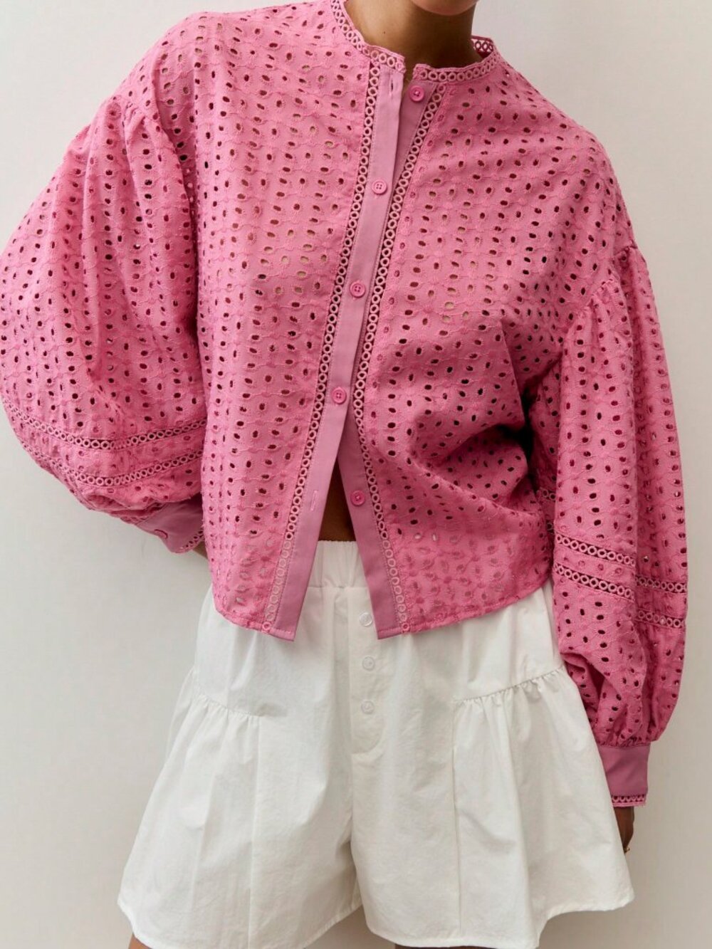 Pink Casual Women's Button Down Eyelet Blouse